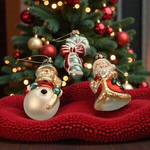3 Hand Blown Ornaments, Santa Clause, Snowman And Candy Cane.